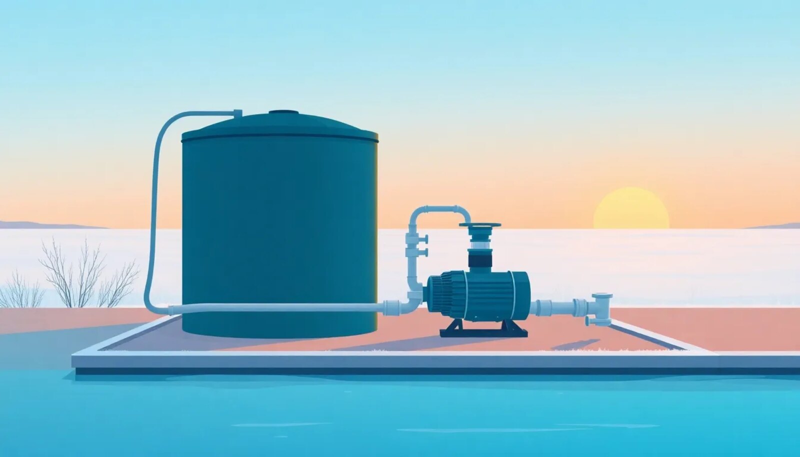 Illustration of a pool equipment pad at dawn — filter tank, pump and valves beside the water on a cold morning