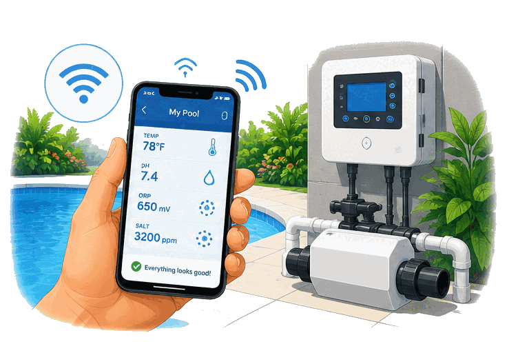 Illustration of a pool automation system controlled from a smartphone app showing temperature, pH, ORP, and salt readings.