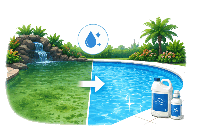 Illustration of a pool going from green and algae-filled to clear, balanced water after a Providence Pool Care green-to-clean.