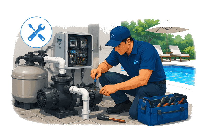 Illustration of a Providence Pool Care technician repairing pool pump, filter, and equipment-pad plumbing.
