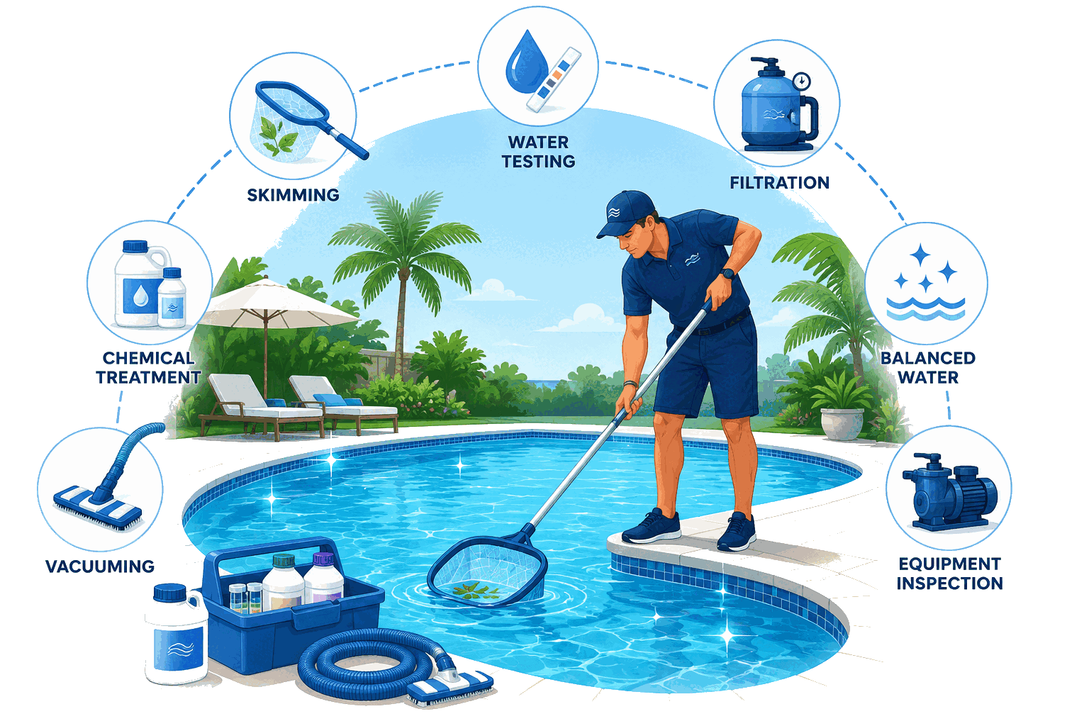 A Providence Pool Care technician skimming a sparkling pool, ringed by the parts of our service — skimming, water testing, filtration, balanced water, equipment inspection, vacuuming, and chemical treatment.