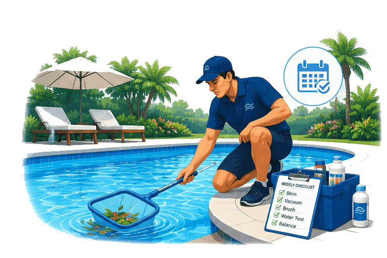 Illustration of a Providence Pool Care technician skimming a pool, beside a weekly checklist — skim, vacuum, brush, water test, balance.